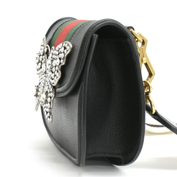 Gucci Web Black Shoulder Leather Stripe Butterfly Totem Bag Crystal - Picture 1 of 8